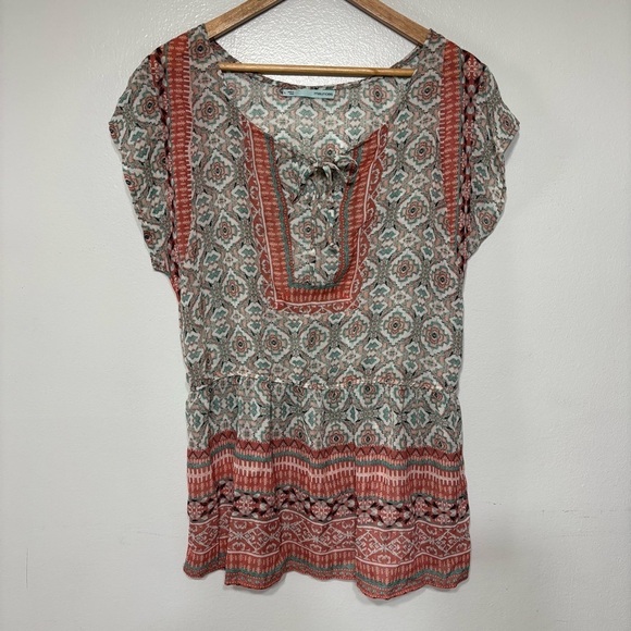 Maurices Boho Coral/Aqua Short Sleeve Sheer Blouse Size L - Picture 2 of 6